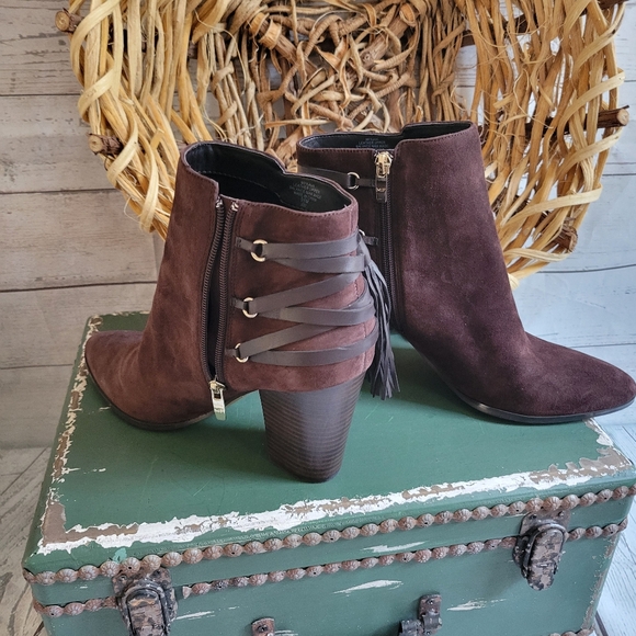 Marc Fisher Kadey Chocolate Brown  Suede Fringe Ankle Boots - Picture 2 of 7